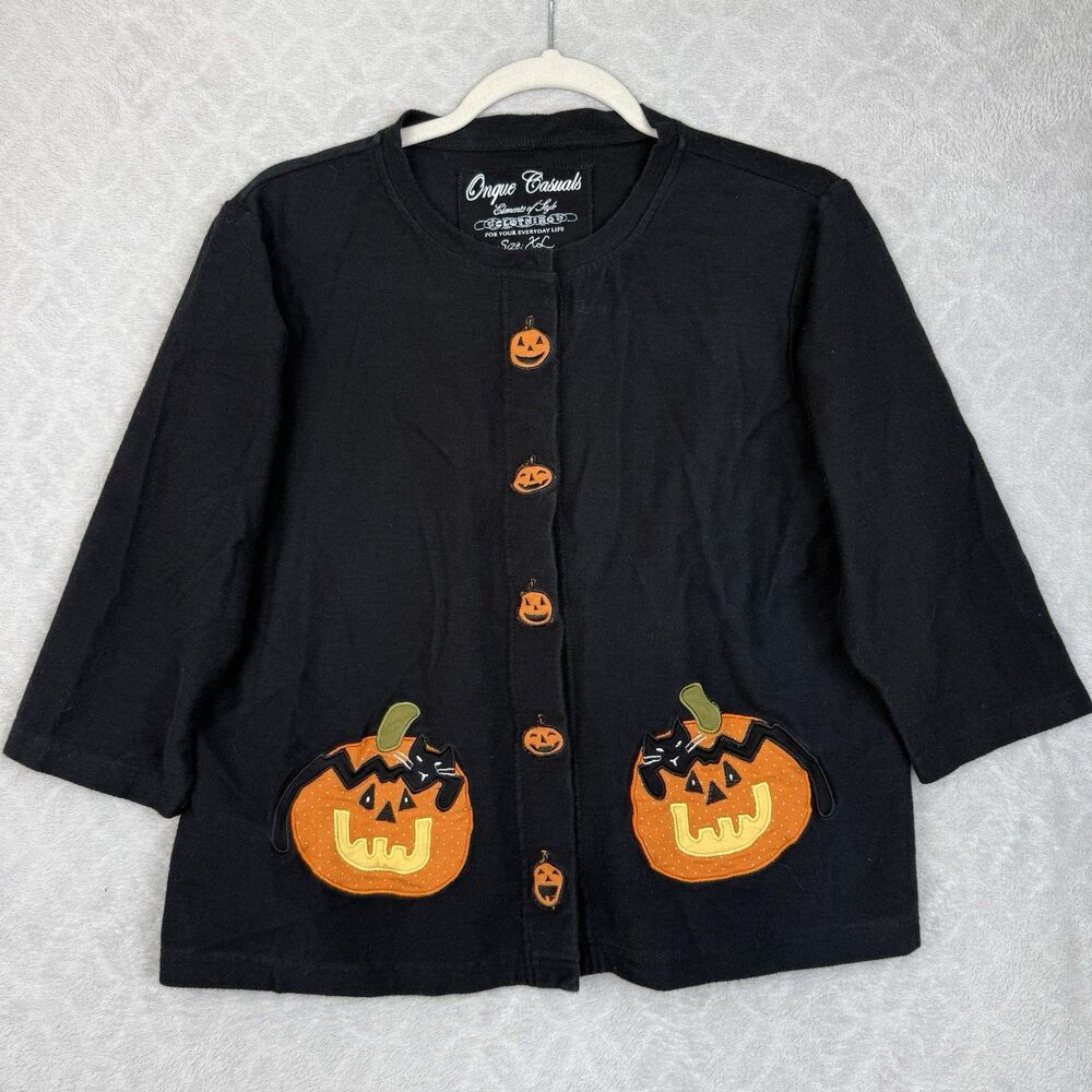 Onque Casuals Halloween Cardigan Womens XL Black Cat Jack O Lantern Pumpkin Fall